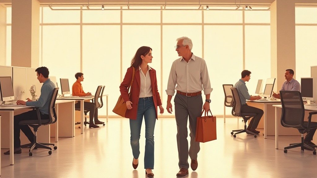 Mentor guiando a joven profesional en un entorno laboral colaborativo, simbolizando liderazgo transformador