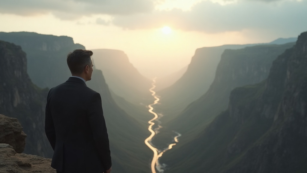 Persona observando diferentes caminos desde una altura, simbolizando visión y propósito en el liderazgo