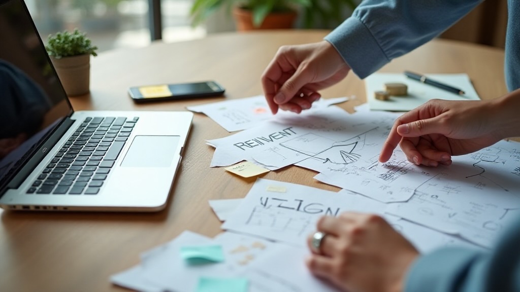 Escritorio con manos reorganizando un tablero de visión durante un proceso de reinvención profesional