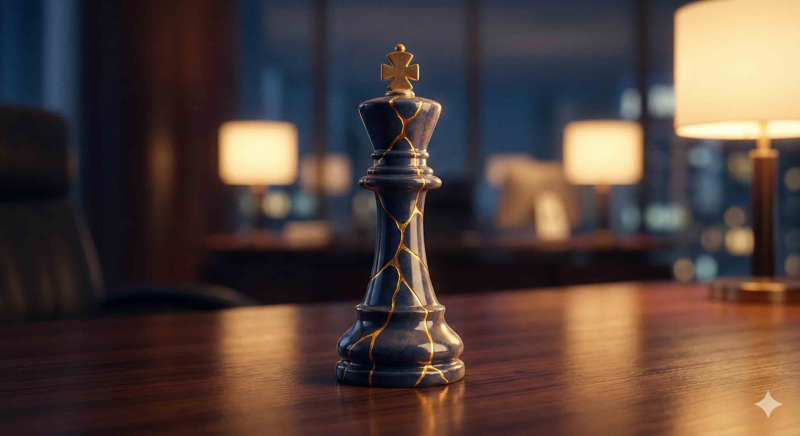 Ilustración conceptual de una pieza de ajedrez con oro (kintsugi) que representa el liderazgo resiliente y estratégico enseñado por Ernesto Reséndiz.