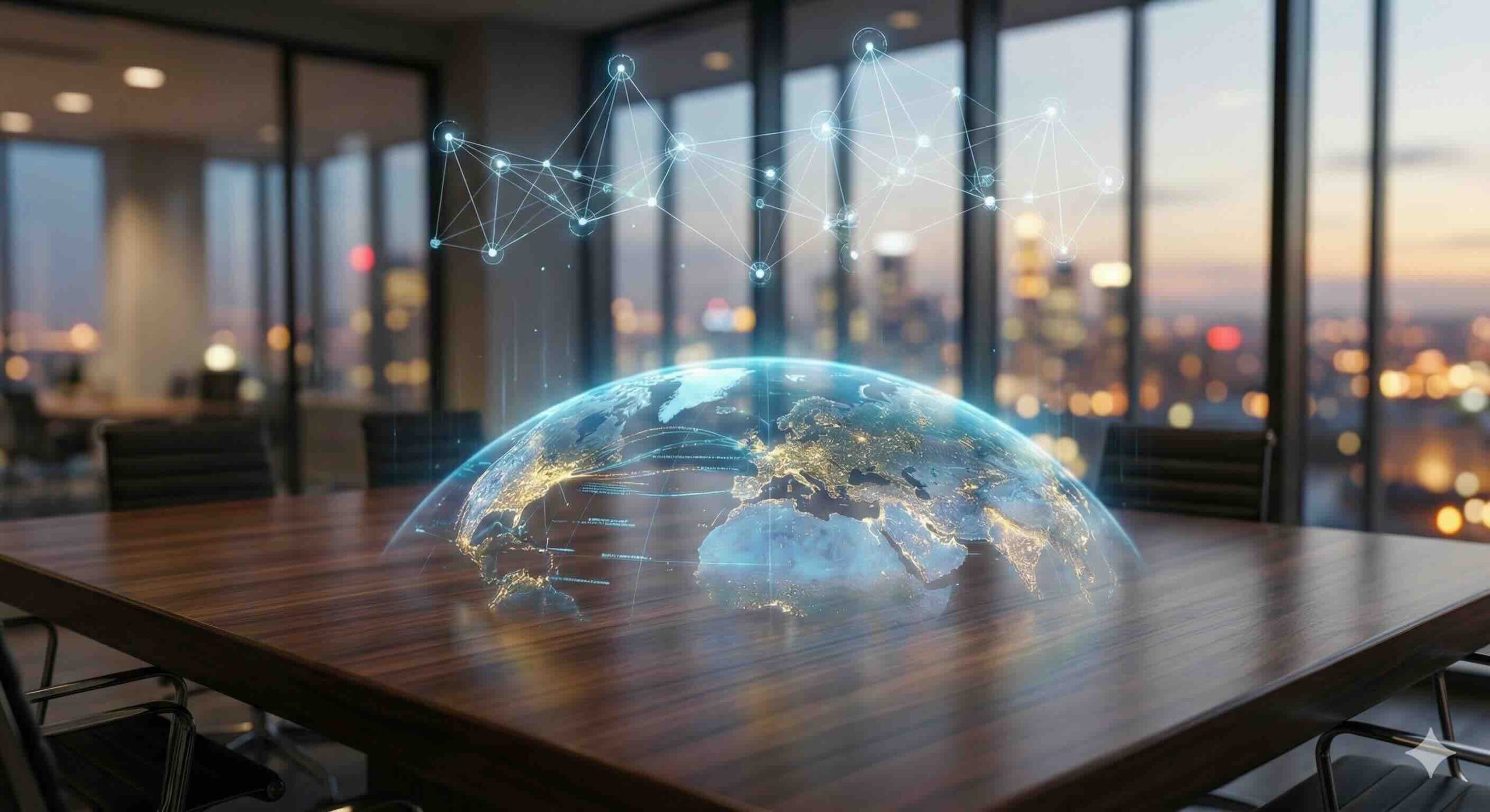 Ilustración conceptual de una red global y hologramas sobre un escritorio, representando los proyectos de expansión y la actualidad de Ernesto Reséndiz en 2026.