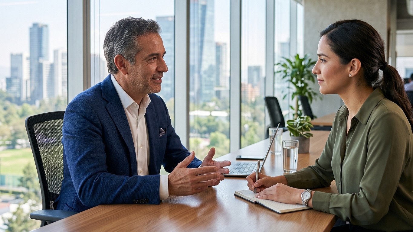 Fotografía profesional de una sesión de mentoría empresarial uno a uno entre un mentor experimentado y una joven líder